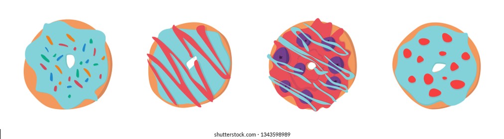 Donut vector set isolated on a white background. Donut collection. Sweet sugar icing donuts. break time with white chocolate, strawberry and chocolate donuts top view.