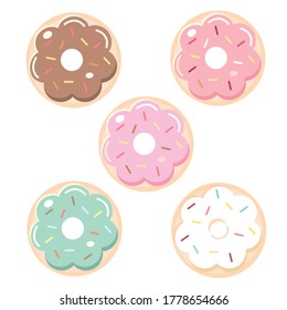 Vektorset einzeln auf weißem Hintergrund. Top View Donuts Kollektion in Glasur mit weißer Schokolade, Erdbeere, Minze und Schokolade.flache Design-Illustration. süße Cartoon-Süßigkeiten und Desserts. 