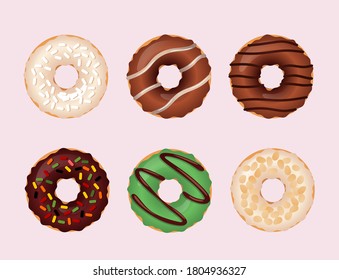 Donut, Vektorset einzeln auf grünem Hintergrund. Sammlung ablegen. Süßzucker-Eis Donuts. Pausenzeit mit weißer Schokolade, Erdbeere und Schokolade bietet die Draufsicht.