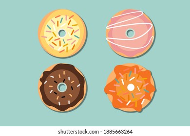 Donut vector set isolated on a blue background.