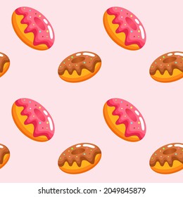 Donut vector set isolated on pink background. Donuts collection. Sweet powdered sugar donuts. break time with dark chocolate, strawberry and chocolate donuts on top. Delicious sweet pastry pattern.