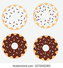 Donut vector set isolated on a white background. Donut collection. Sweet sugar icing donuts. break time with white chocolate, strawberry and chocolate donuts top view.