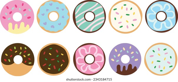 Vector de donut aislado en un fondo blanco. Colección de donut. Dulces asados de azúcar. el tiempo de descanso con chocolate blanco, fresa y chocolate no es la vista de arriba.