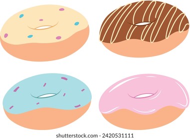 Donut vector set isolated on a white background in flat. Donut collection. Sweet sugar icing donuts. Break time with colourfull donuts. Flat hand drawn sweet donuts