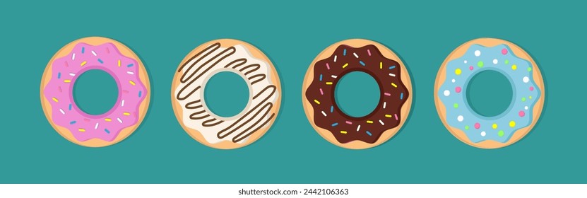 Donut vector set isolated on green background. Donut Collection. Sweet powdered sugar donuts. break time with white chocolate, strawberry and chocolate donuts on top.