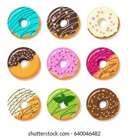 Donut vector set isolated on a white background in a modern flat style.Isolated illustration, sweet sugar donuts.