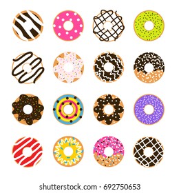 Donut vector set isolated on white. Doughnut glazed collection. Sweet bakery sugar food.