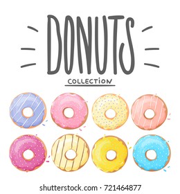 Donut vector set isolated on white background with hand drawn lettering - donuts. Donuts into the glaze collection. Isolated, sweet sugar icing donuts.
