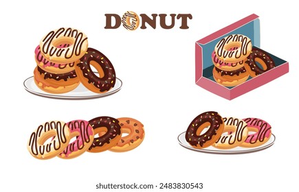 Donut vector set. Donut on the plate, donut box clipart. Doughnut. Sweet food or dessert. Flat vector in cartoon style isolated on white background.