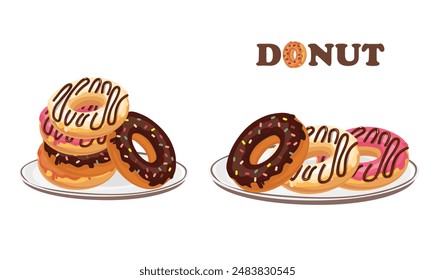 Donut vector set. Donut on the plate clipart. Doughnut. Sweet food or dessert. Flat vector in cartoon style isolated on white background.