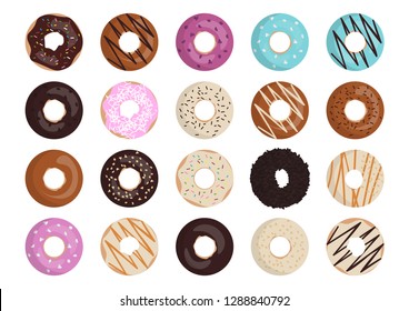 Donut. Donut vector set on white background in flat style. Donut collection. Set of 20 color donuts. Banner, poster, menu design, concept idea.