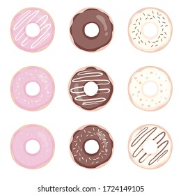 Schmeißt die Vektorgrafik auf weißem Hintergrund. Die Donuts sind mit Minze, cremig, rosa und blauen Scheiben versehen. Spendet bunte Icon-Set. Spendet in die Glaze-Kollektion.