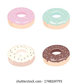 Donut vector set on a white background. Donuts set with mint, creamy, pink and blue glaze. Donats colorful icon set. Donuts into the glaze collection.