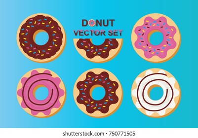 Donut vector set with white, pink and chocolate glaze and sprinkles isolated on a blue background. Vector illustration.