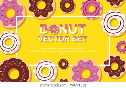 Donut vector set with white, pink and chocolate glaze and sprinkles isolated on a yellow background. Vector illustration.