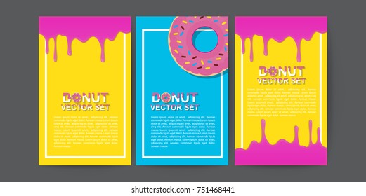 Donut vector set with white, pink and chocolate glaze and sprinkles isolated on a yellow background. Vector illustration.