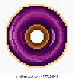 Donut with violet glaze. Pixel art on a light gray background.