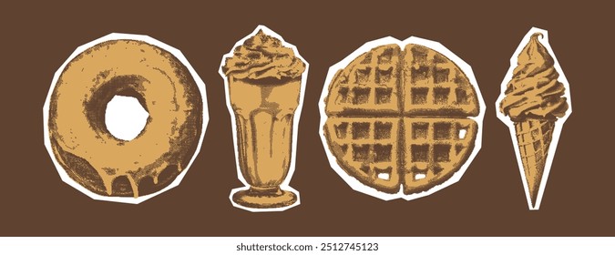 Donut, Waffel, Milchshake, Eis. Zeitgenössisches Retro Surreal Collage Fruit Set. Trendy Halftone Clipart Elemente. Gepunktete Vintage-Aufkleber.