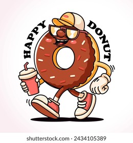 Donut walks casually holding drink, retro mascot character. Perfect for logos, mascots, t-shirts, stickers and posters