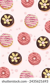 Donut wallpaper on a pink background with Chocolate topping and glaze
