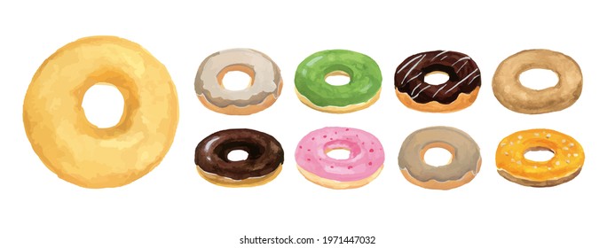 Donut watercolor vector illustration set.
Strawberry, chocolate, plain, coffee, mango,  cocoa, matcha flavor