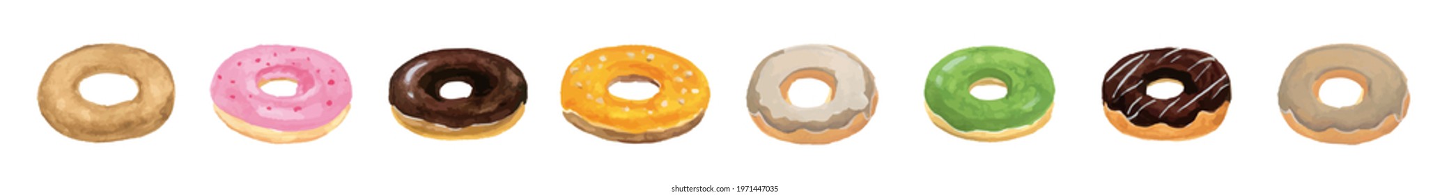 Donut watercolor vector illustration set.
Strawberry, chocolate, plain, coffee, mango,  cocoa, matcha flavor