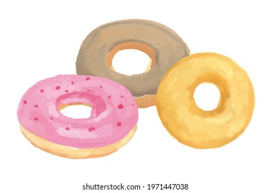 Donut watercolor vector illustration set.
Strawberry flavor, plain, coffee cream