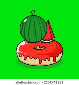 donut with watermelon flavor. donut and fruit combination icon. Food and drink concept icon isolated in flat cartoon style