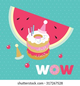 Donut watermelon wow cherry birthday pink vector illustration 