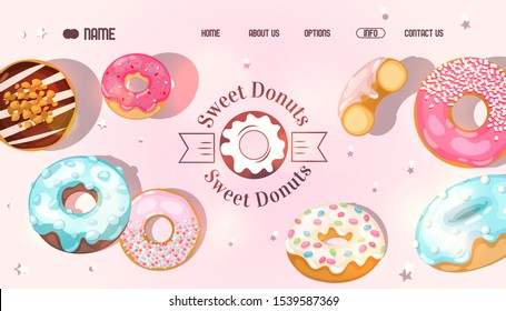 Donut website, vector illustration. Bakery landing page design, selection of sweet doughnuts. Patisserie home page template, local cafe with homemade donuts and desserts, bakeshop confectionery menu