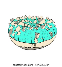 donut in white chocolate blue. Vector illustration on white isolated background. sketching style