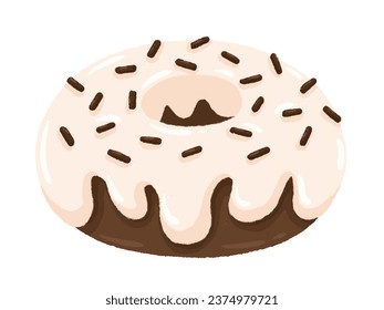 Donut white chocolate with sprinkled raised hand drawn cartoon style isolated on a white background
