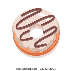 Donut in white glaze concept. Bakery and flour product, pastry. Candy doughnut. Dessert and delicacy. Template, layout and mock up. Cartoon flat vector illustration isolated on white background