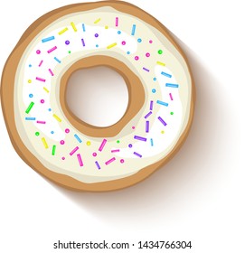 Donut with a white icing sprinkled with grains. Realistic colorful donut on white sprinkled with grains background. Design for holiday designs, party, birthday, invitation. Vector
