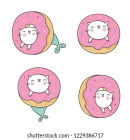 Donut worry be happy. Cute print with donut and cartoon cat mermaid in kawaii style