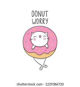 Donut worry be happy. Cute print with donut and cartoon cat mermaid in kawaii style