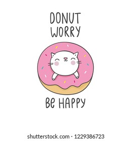 Donut worry be happy. Cute print with donut and cartoon cat mermaid in kawaii style