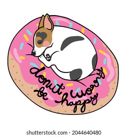 Donut worry be happy, Cute Jack Russell Terrier dog sleeping on donut cartoon vector illustration