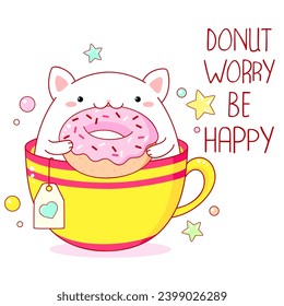 Donut worry be happy t shirt design with cute cat with donut in kawaii style. Funny quote print with kitten in cup. Can be used for t-shirt, sticker, mug, greeting card. Vector illustration EPS8