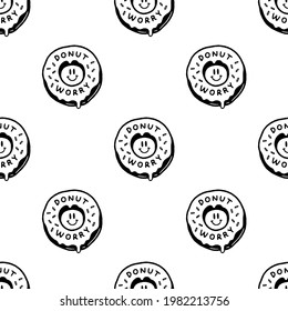 DONUT WORRY ICON LOGO SEAMLESS PATTERN BLACK WHITE BACKGROUND