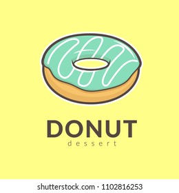 donut wrapping with sugar, green color on top isolated on yellow background. hand drawn cartoon vector illustration.