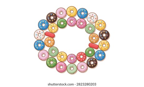 Donut wreath background with assorted sweet pastry flavors, chocolate, strawberry and vanilla icing on white background.