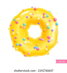 Donut with yellow glaze and colorful decoration isolated on white background. Close-up of donut. Top view. Realistic vector illustration
