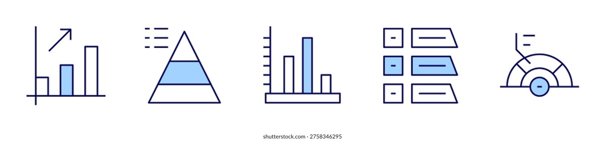 donutchart, chart, pyramid chart, bargraph, workflow. Chart Icon vector illustration. Line Duotone style. Editable stroke.