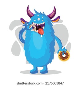 Donut-eating Blue Monster Vector, Cute Hungry Monster Character Cute. Simple Cartoon Mythological Animal, For The Purposes Of Icons, Games, Symbols, Characters, Extraterrestrial Animals