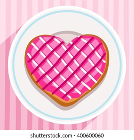 Donut-heart on a plate, coloured picture. Pink donut in the shape of a heart lies on a saucer. Vector picture. Color flat illustration. Postcard for Valentine's day.  