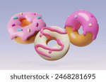 Donuts 3d realistic vector food banner. Flying doughnuts with colorful sprinkles and sweet pink icing three dimensional icons set.