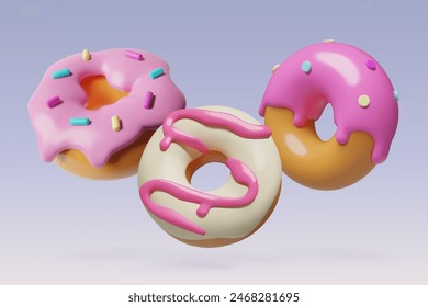 Donuts 3D realistische Vektorgrafik Lebensmittel Banner. Fliegende Donuts mit bunten Streuseln und süßrosa Icon-Set.