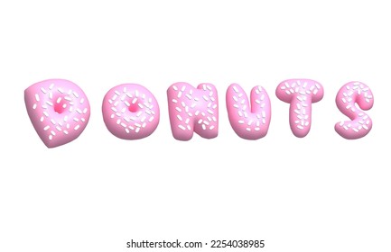 Donuts 3d render. Vector decorative font. Glazed sweet letters isolated on white background.