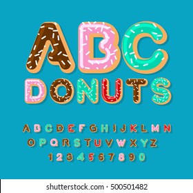 Donuts ABC. pie alphabet. Baked in oil letters. icing and sprinkling. Edible typography. Food lettering. Doughnut font